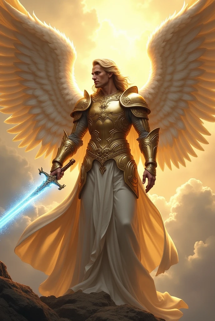 (super realistico) (supreme image quality) (work of art)(beautiful perfect face)(super verbose)
"Create an image of Archangel Michael, depicted as a majestic, protective figure with large, resplendent wings. He is dressed in shining armor and holds a blue light sword.. the background is heavenly, with soft clouds and a golden aura around him. The image must convey power, protection and a sense of divine peace."