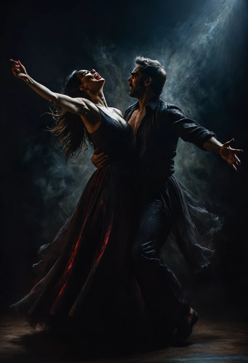 painting of a demonic expressive dance of a couple of men and women, dynamic poses, dark atmosphere, cinematic scene, volumetric lights, ultra realistic, in the style of nicola samori