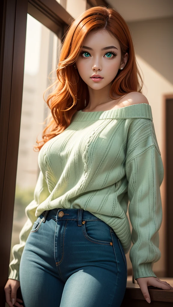 schoolgirl, sexy girl, posing at full height , medium sized standing breasts , 25 year old girls, White skin, cute face, beauty faces, high detail, Beauty of lips, photorealistic, ultra realistic, background, rtx on, Color correction, perspective, depth of field, line of sight, tonal colors, 8 thousand., Full HD, perfectionism, Rim lighting, daylight, soft lighting, Accent lighting, Score diffractions, hot woman , super detailed, (( Detailed beautiful bright green eyes )) , ( orange hair ) , long voluminous hair, ( sweater and jeans )