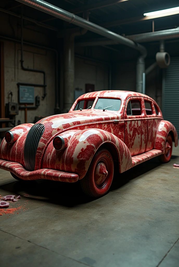 Make a realistic and functional car that is made of meat