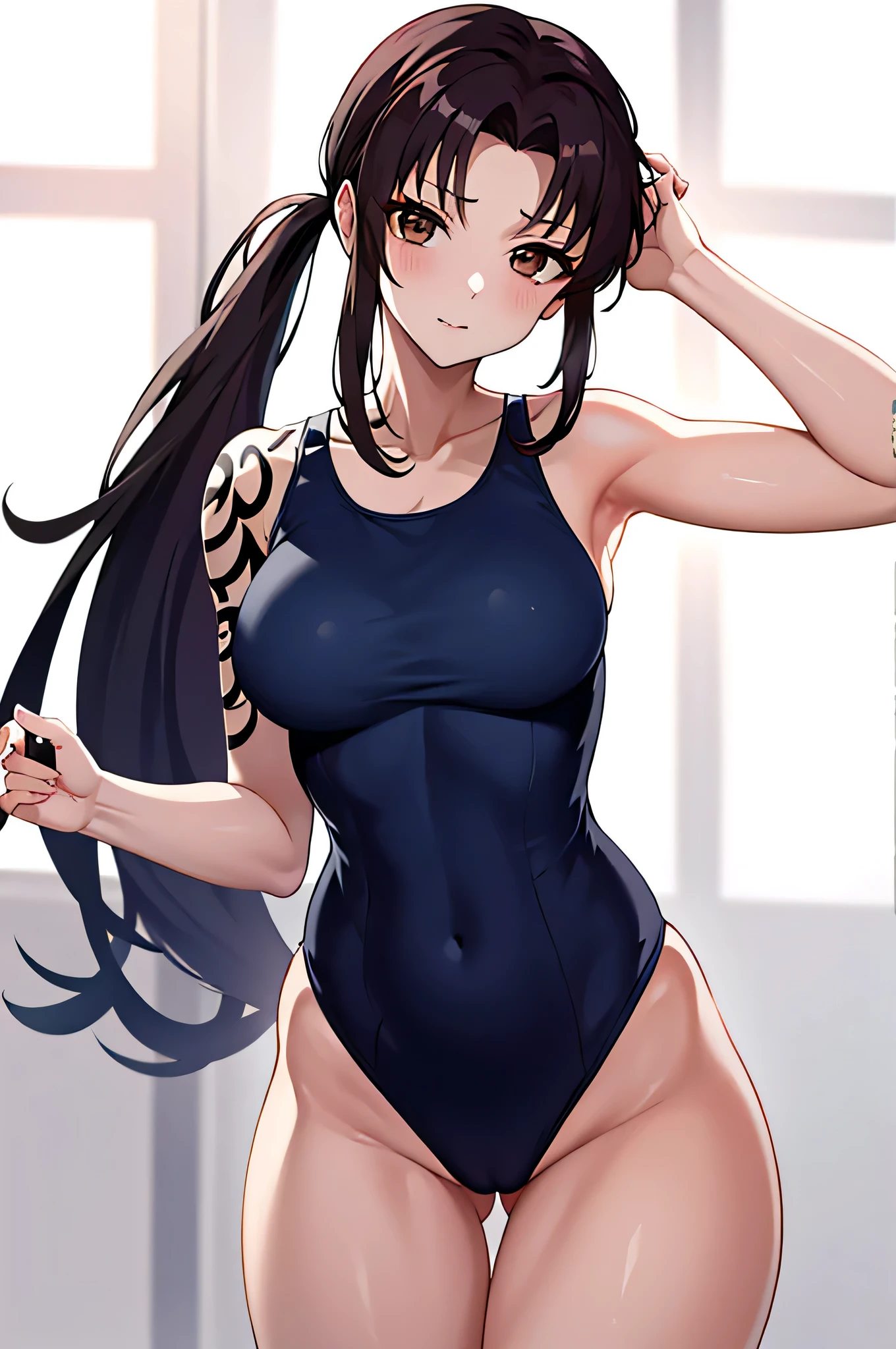 Anime girl in swimwear, Long ponytail brown hair girl, Brown Eyed Girl, Wearing swimwear, Wear swimwear, Anime Moe Art Style, Swimwear, solo, Female focus, One piece swimwear, Enchanting Anime Girls, clothing:High Cut Swimwear, Made by Anime Artist Studio, Dark blue high leg racing swimsuit with white lines, Big Breasts, had very large breasts, Muscular and strong, Tattoo on the right shoulder, Dark blue high leg racing swimsuit with white lines, Tall Woman, Adult sex appeal, Competitive Swimwear, Wet Swimwear, zerochan art, A cool anime girl wearing a dark blue tank suit with white lines, High legレーシングスイムウェア, High legレーシングスイムスーツ, Strong muscles, High leg, Muscular Woman, Bare shoulders, bare legs, Competitive swimming swimwear, Female protagonist 👀 :8, Are standing, 