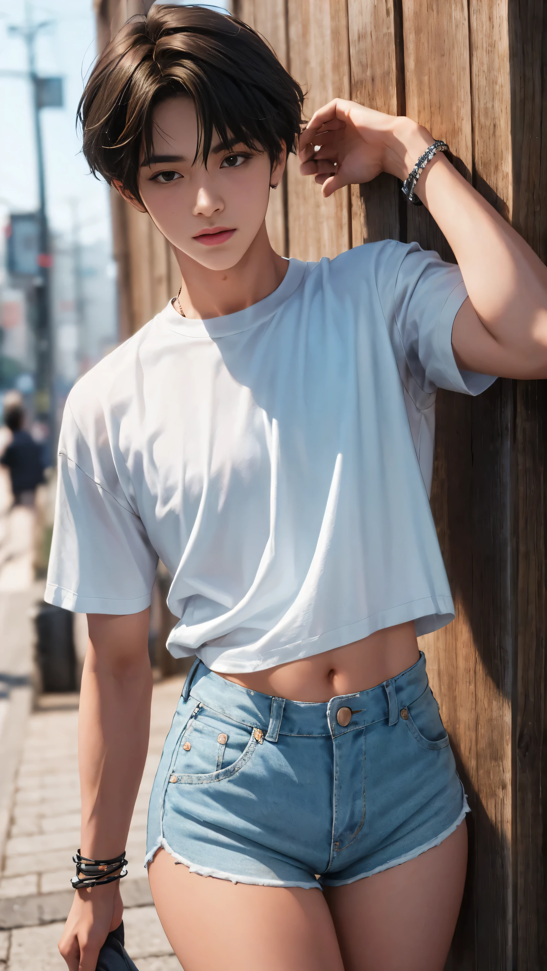 Handsome boy 18 years old, tanned, cute face, brown eyes, dark hair, bangs, wearing short sleeved cropped shirt and excessively short mini shorts, long slim legs, bracelets, flirtatious pose, hot summer, top quality