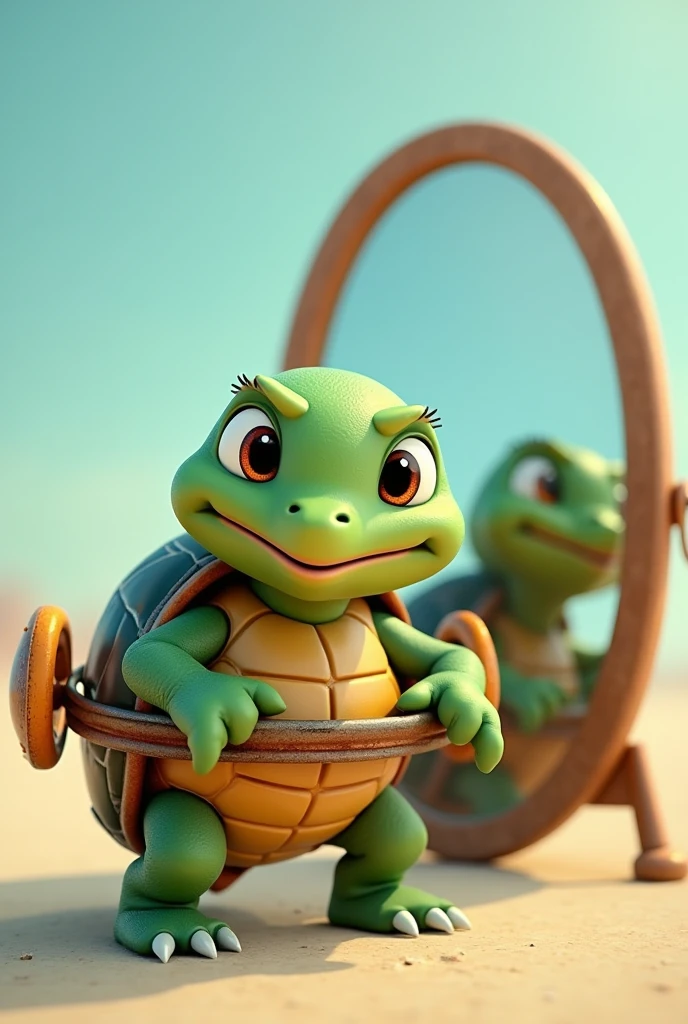 Animated turtle showing off in the mirror with a pedal on in a turtle race