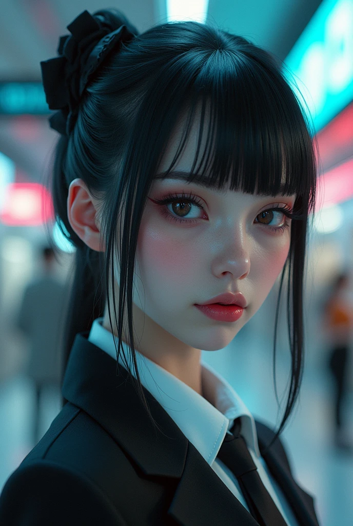 a beautiful cybergoth girl with pale skin, detailed skin texture, large eyes, striking features, in a cyberpunk city environment, wearing a flight attendant uniform, soft shadows, peaceful color palette, (best quality,4k,8k,highres,masterpiece:1.2),ultra-detailed,(realistic,photorealistic,photo-realistic:1.37),extremely detailed face and eyes,beautiful detailed lips,longeyelashes,beautiful skin,glamorous,official art,unified 16k wallpaper