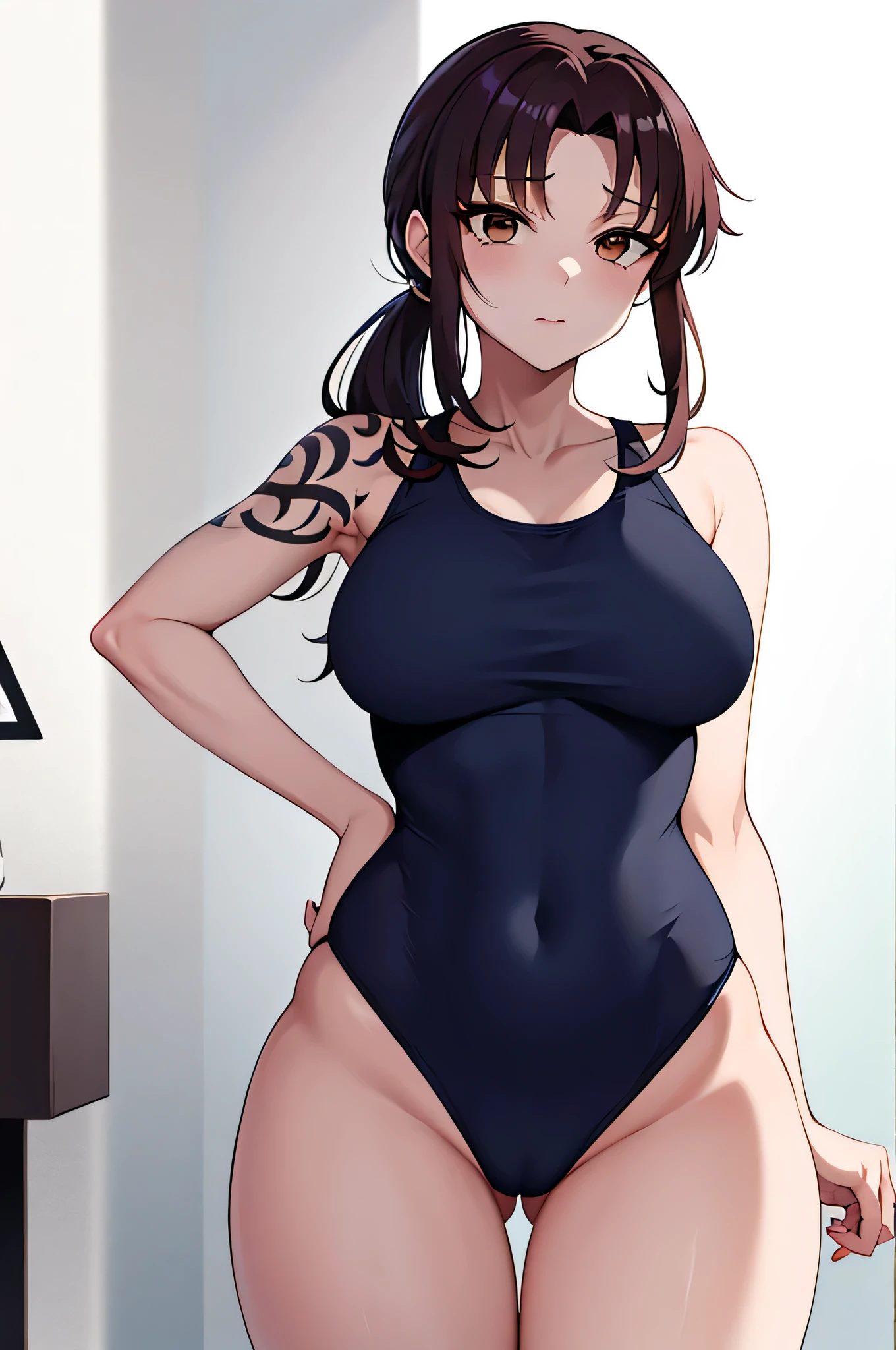 Anime girl in swimwear, Long ponytail brown hair girl, Brown Eyed Girl, Wearing swimwear, Wear swimwear, Anime Moe Art Style, Swimwear, solo, Female focus, One piece swimwear, Enchanting Anime Girls, clothing:High Cut Swimwear, Made by Anime Artist Studio, Dark blue high leg racing swimsuit with white lines, Big Breasts, had very large breasts, Muscular and strong, Tattoo on the right shoulder, Dark blue high leg racing swimsuit with white lines, Tall Woman, Adult sex appeal, Competitive Swimwear, Wet Swimwear, zerochan art, A cool anime girl wearing a dark blue tank suit with white lines, High legレーシングスイムウェア, High legレーシングスイムスーツ, Strong muscles, High leg, Muscular Woman, Bare shoulders, bare legs, Competitive swimming swimwear, Female protagonist 👀 :8, Are standing,