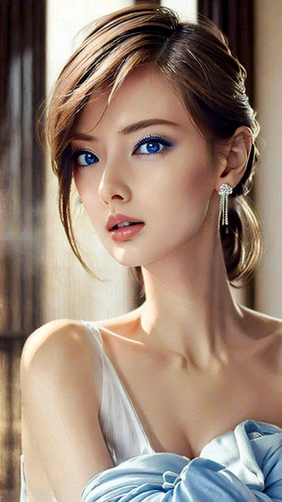 stunningly elegant european model, (extremely innocent face:1.1), skinny, big_boobs, blue eyes, see-through babydoll, nsfw,