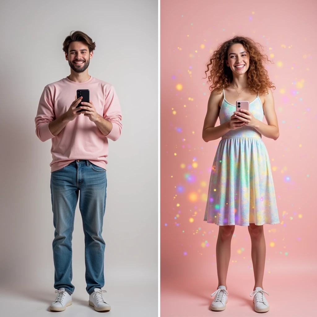 a before and after image. In the before frame, a man is holding a cell phone that says “gender transformation app”. In the after frame, he has transformed into a girly feminine woman doppelgänger of himself wearing a dress holding the same phone with the same plain background. She is euphoric with a rainbow aura around her
