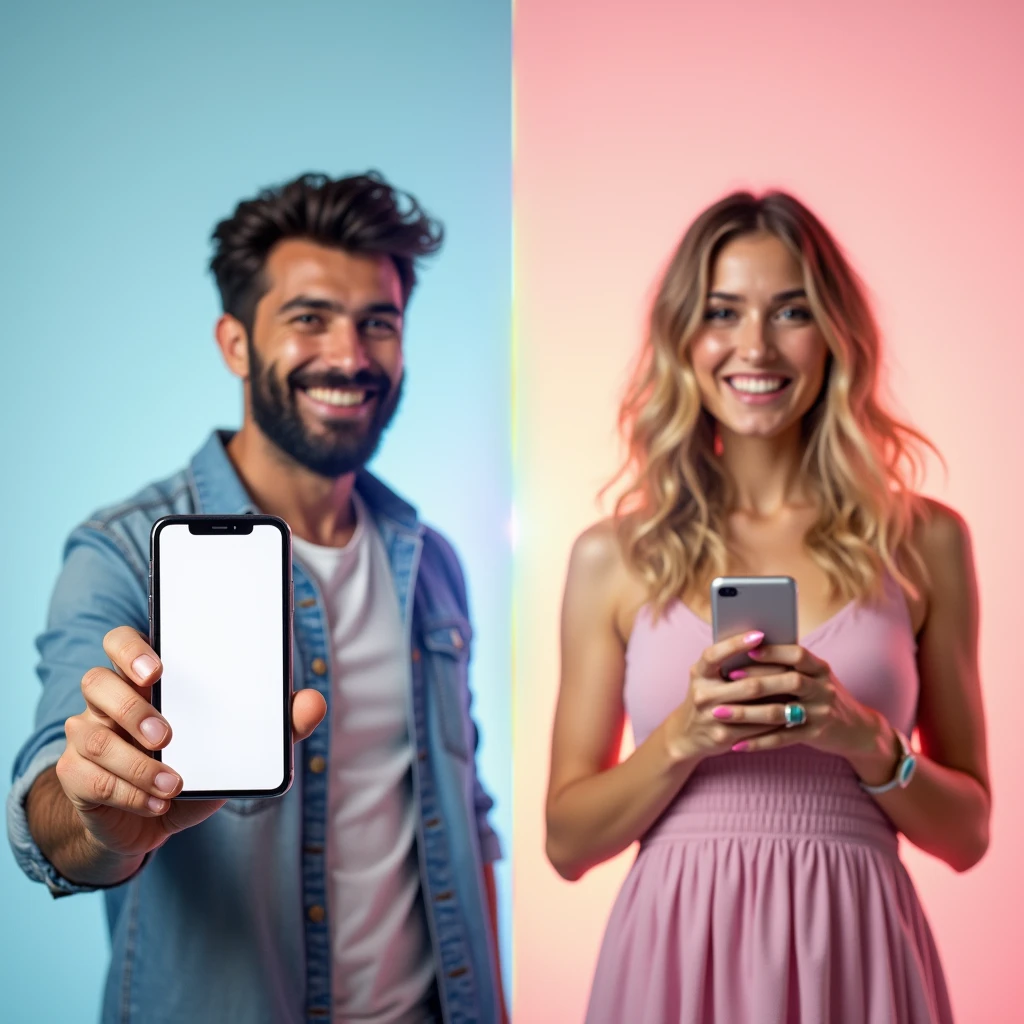 a before and after image. In the before frame, a man is holding a cell phone that says “gender transformation app”. In the after frame, he has transformed into a girly feminine woman doppelgänger of himself wearing a dress holding the same phone with the same plain background. She is euphoric with a rainbow aura around her