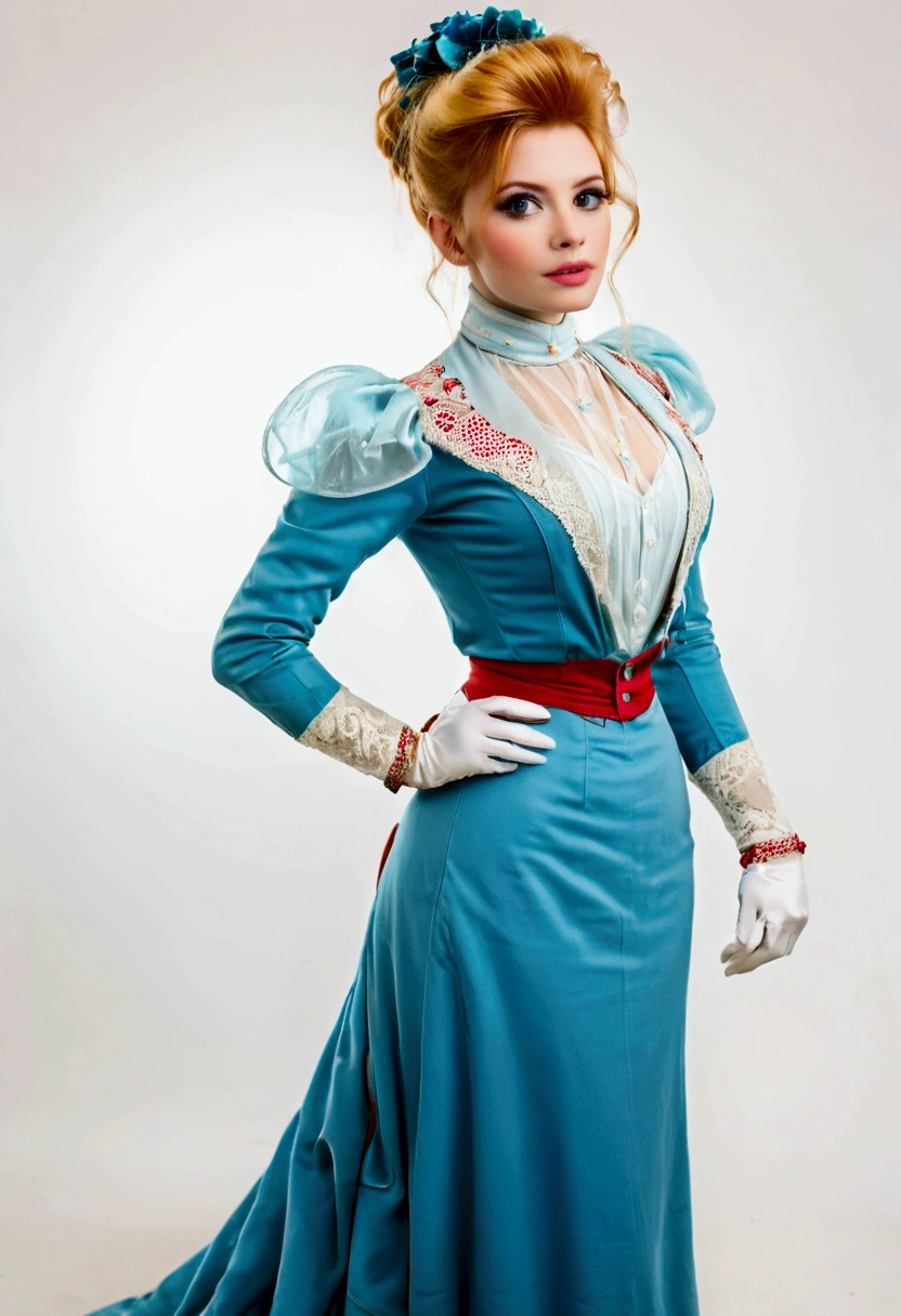 1girl. Humanized Daisy Duck as a hot **** Gibson Girl nympho, seducing a horny 69yo gentleman. 1890s fashion. Victorian high-collar turquoise dress with long sleeves cuffed into wrist-high white silk gloves. Sheer peek-a-boo top. 1890_dr3ss, elegant picture hat. (((Strawberry blonde hair))). Large bosom, 9-inch wasp waist, big booty. Thicc thot. Slutty demeanor. Sexy pose. Porcelain skin. Full body