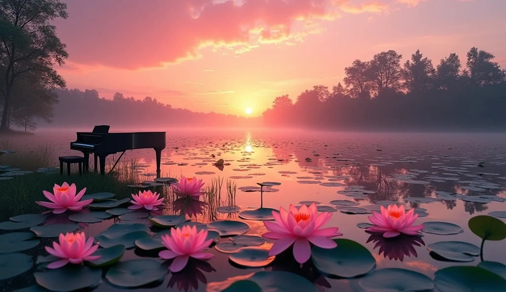 Sunset reflected on the vast lake、A pond filled with blooming pink lotuses、Trees in the distance々A series of silhouettes、Calm water surface of a lake at dusk、Pink and orange gradient sky、Light reflected on the water surface、Lush shore、White Lotus Flowers、A black grand piano on the shore