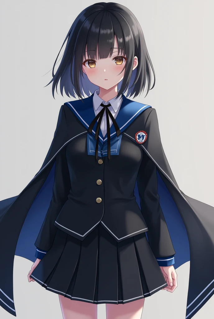 Une fille en uniforme scolaire robe noir avec des ton bleu avec une courte cape derrière
