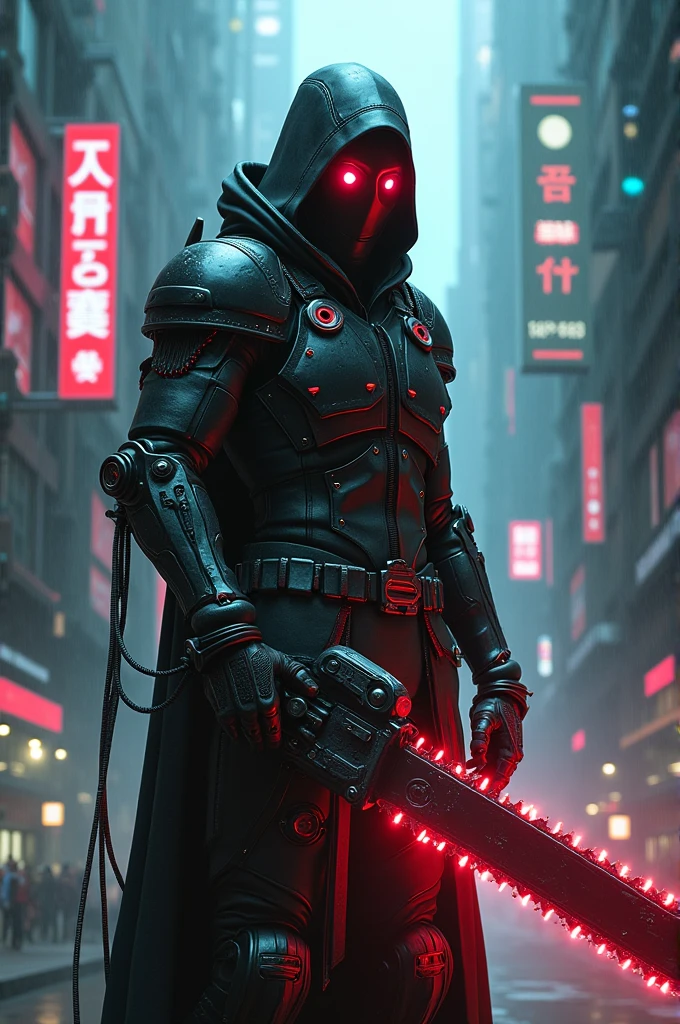 Dark_fantasy,cyberpunk,(chain saw,chain saw man,Red:1.1),1man,Mechanical marvel,Robotic presence,Cybernetic guardian,