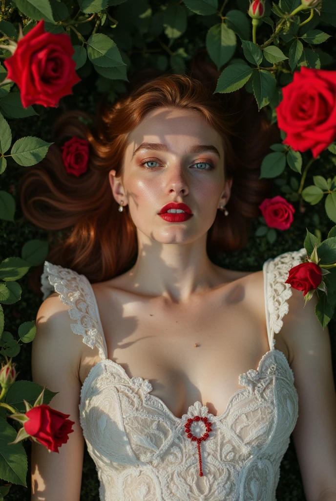 Woman lying in garden with bleeding roses