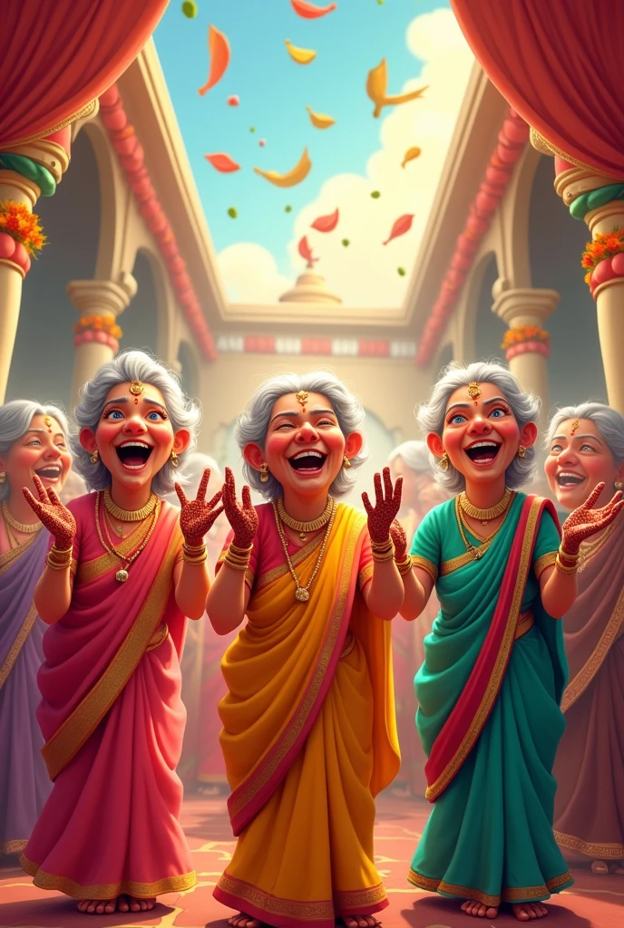 Old ladies singing cultural song
In Indian marriage
For mandap muhrat
Cartoon