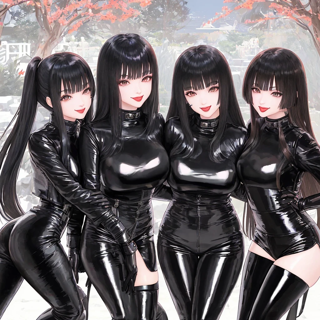 4 Girls, Anime, Black Leather Pants, Latex Jacket with latex shirt, Long Hair with bangs, Zen Garden, with leather Gloves, Asian, Smile, Friendly, Happy, tongue out.
