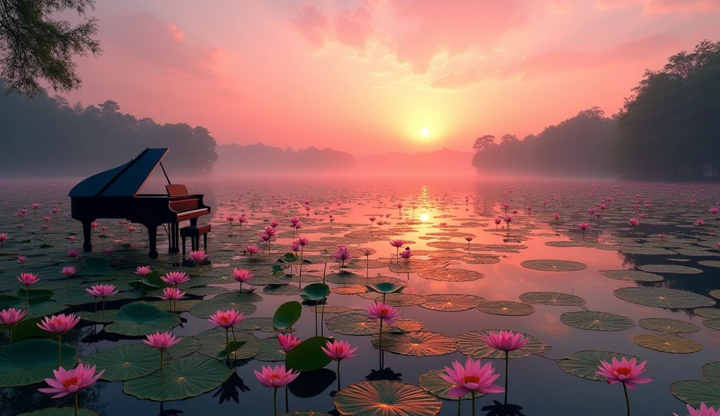 Sunset reflected on the vast lake、A pond filled with blooming pink lotuses、Trees in the distance々A series of silhouettes、Calm water surface of a lake at dusk、Pink and orange gradient sky、Light reflected on the water surface、Lush shore、White Lotus Flowers、A black grand piano on the shore