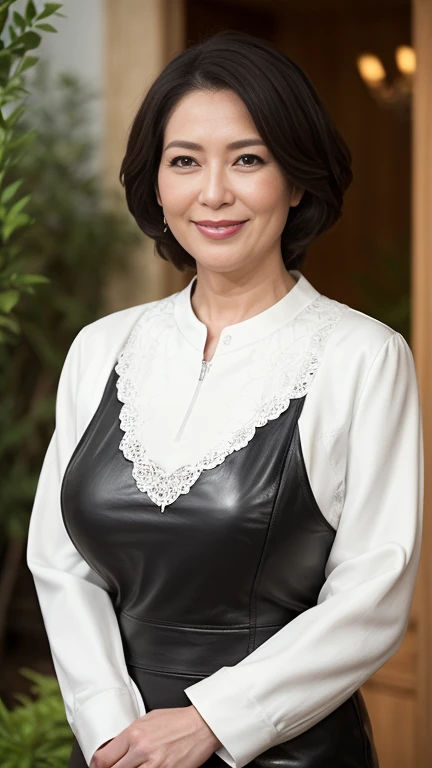 最high quality, 8k, Vibrant, Sharp focus, high quality, High resolution, Middle-aged women, Mature Woman, 55 years old, (Whole Body Ezbian), (High heels face detail, Highly detailed eyes, Plump figure、Plump face、((big 1.6))、(((Large Breasts)))、((Black leather clothing))、garden、Random Hairstyles、A kind smile、