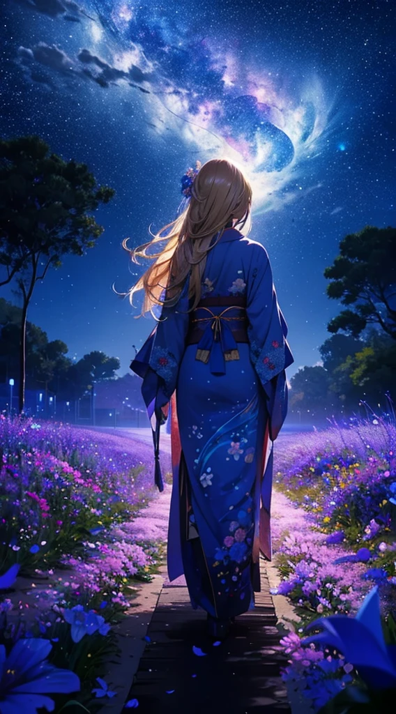 1people々々々,Blonde long-haired woman,Blue kimono, Dress Silhouette, Rear View,Space Sky, Flower Field,Colorful flowers,Fluttering petals,