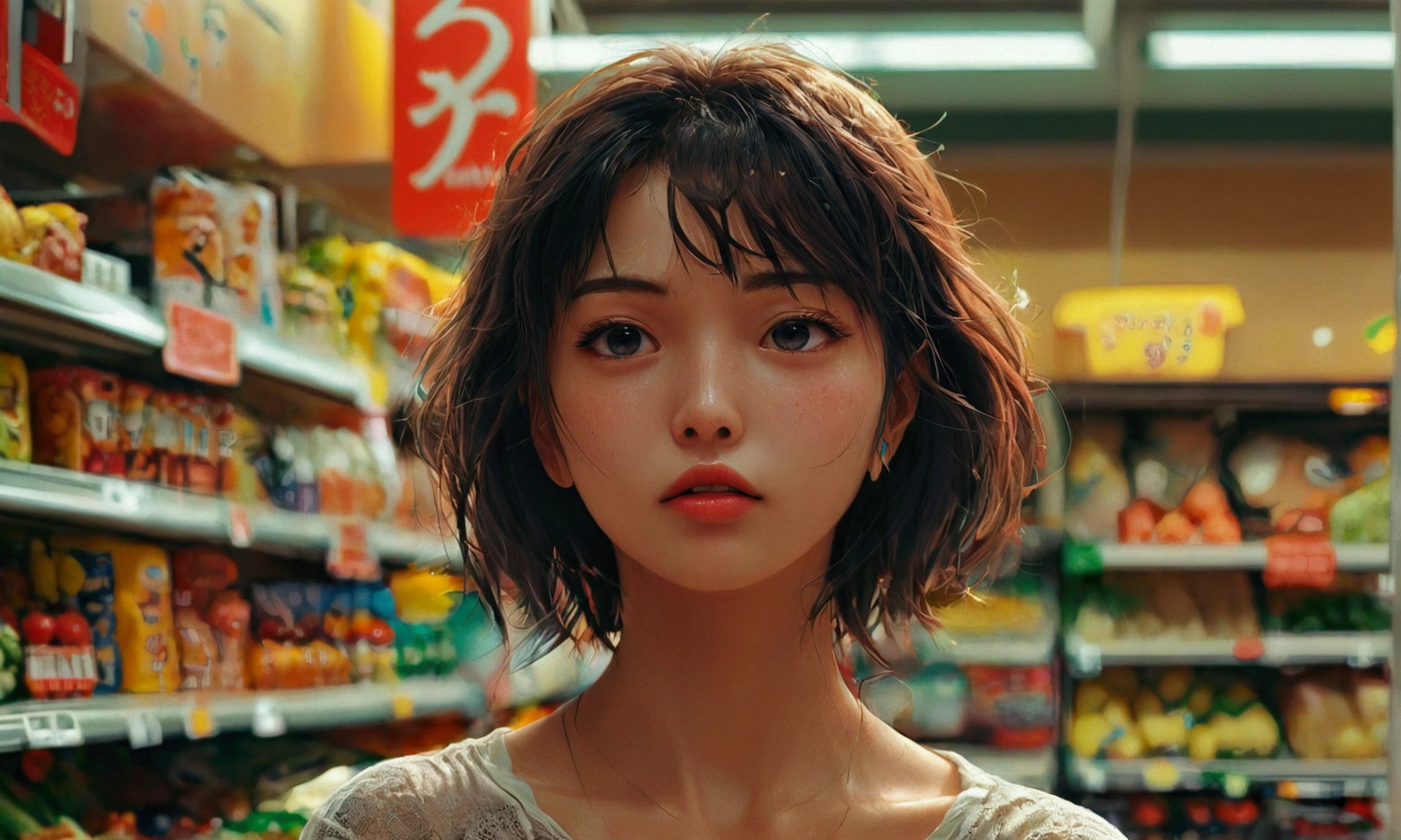 man talking to a woman in a supermarket, facial expression of hate,manga style art,manga style art,manga style art,manga style art,8k image, hyper detailed skin8k image, hyper detailed skin8k image, hyper detailed skin