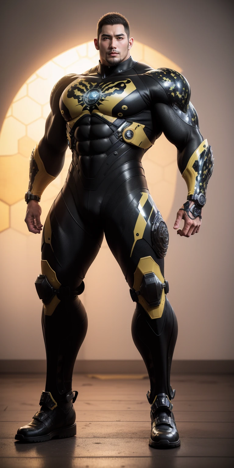 Tall giant muscular police officer,Yellow and black camouflage patterned nano mecha,Honeycomb pattern,Lightweight texture,Character Concept(Resident Evil - Chris Redfield,Chris Redfield)senior police officer,Small grid texture,Regular symmetrical texture pattern,Sad expression,Deep and charming eyes,Standing in a bright mechanical laboratory,Emerald Eyes Hero,Heroic male pose,高大Burly,muscular!Attractive leg muscles,High target, Burly, Heqiang, Super Buff and Coolness, High Resolution Committee, Bigfoot yellow-gray ultra-thin nano-mechanical boots,Charismatic strongman,The bright sunshine shines on you,Matte particles,Shiny texture