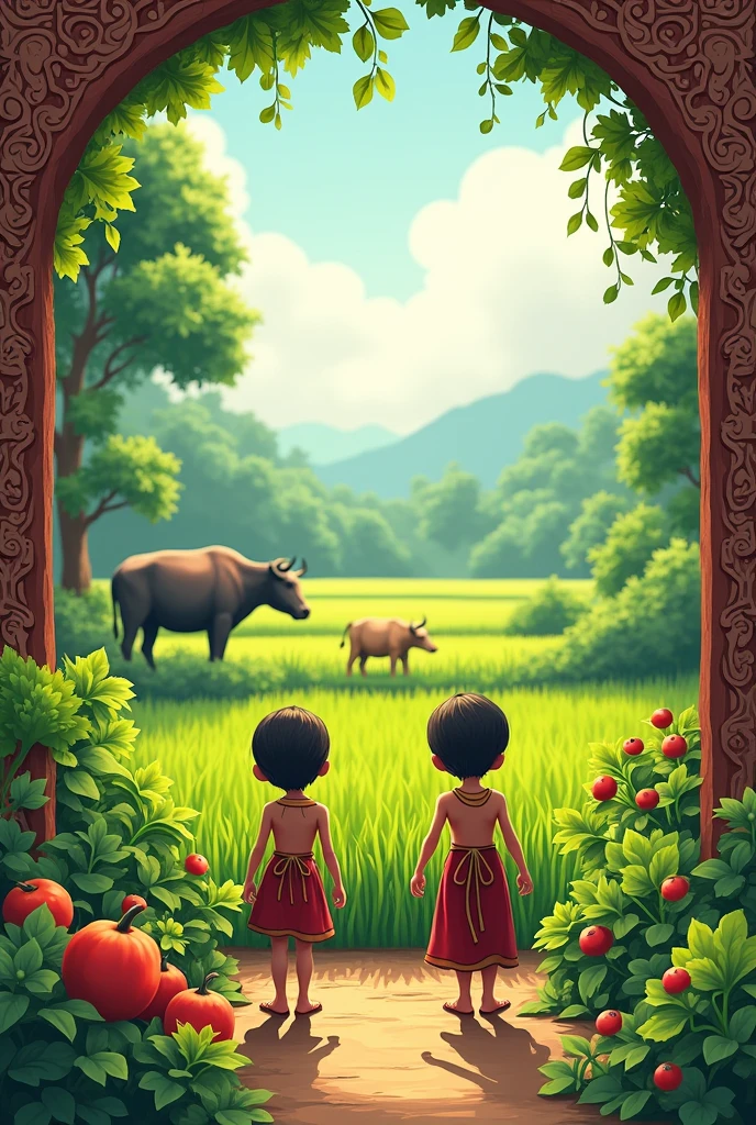 Two little men turn their backs + A view of a mixed vegetable garden with a rice field and a buffalo. The picture frame is in a unique Isan Thai pattern. The caption above says "Duang Jai Tid Luk, the daughter-in-law's partner".