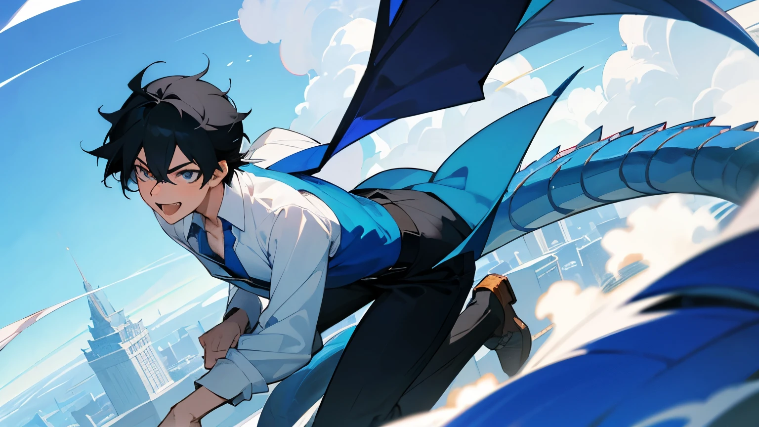 clear blue sky、Riding the Blue Dragon、Flying in the sky、male、20-year-old、Black Hair、smile、Full of hope、アニメのmale、cool、White collared shirt、Lively、Highest quality、Masterpiece、bright、laughing、Serious face、