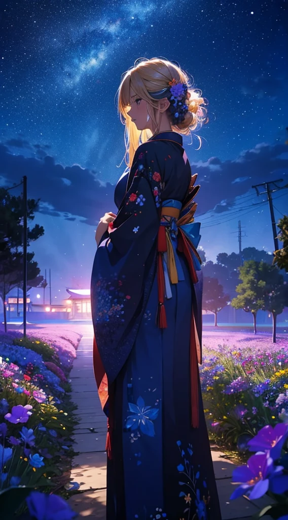 １people々々々,Blonde long-haired woman，Blue kimono， Dress Silhouette， Rear View，Space Sky, Flower Field，Colorful flowers，Fluttering petals，