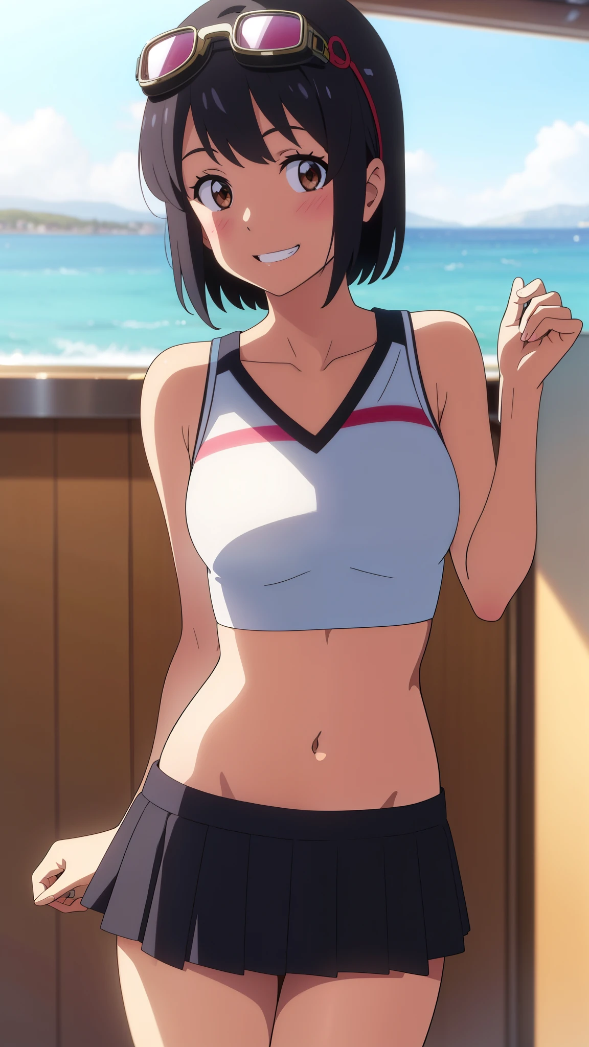 shinkai makoto, kimi no na wa., 1girl, bangs, black hair, blush, brown eyes, perfect face, looking at the viewer, red ribbon, short hair, solo, shinny skin, smile, cute, open mouth, grin, hair ornaments, crop top, navel, goggles on head, skirt, On a yacht, Beautiful background, The background is a beautiful sea, joy, (masterpiece), best quality