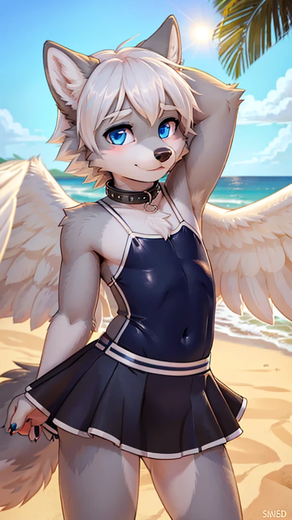 femboy, wolf boy, male, skirted swimsuit, flat chested,  thin metal collar, grey fur, white feathered wings, blue eyes, beach setting, 