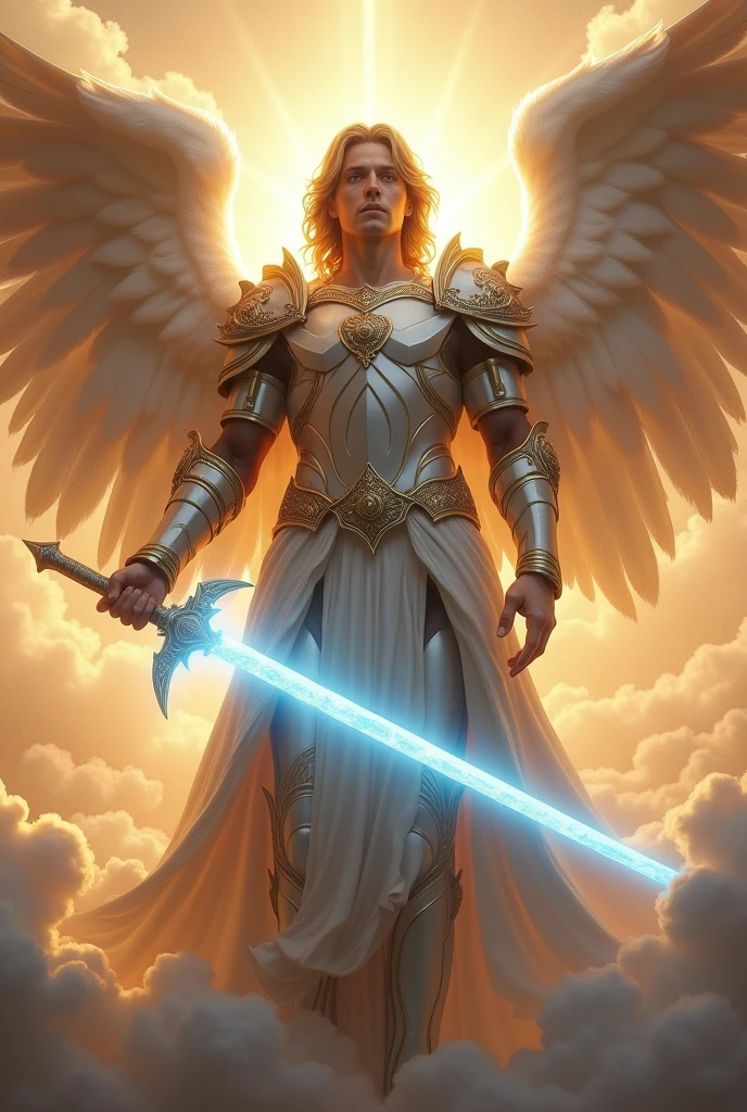 (super realistico) (supreme image quality) (work of art)(beautiful perfect face)(super verbose)
"Create an image of Archangel Michael, depicted as a majestic, protective figure with large, resplendent wings. He is dressed in shining armor and holds a blue light sword.. the background is heavenly, with soft clouds and a golden aura around him. The image must convey power, protection and a sense of divine peace."