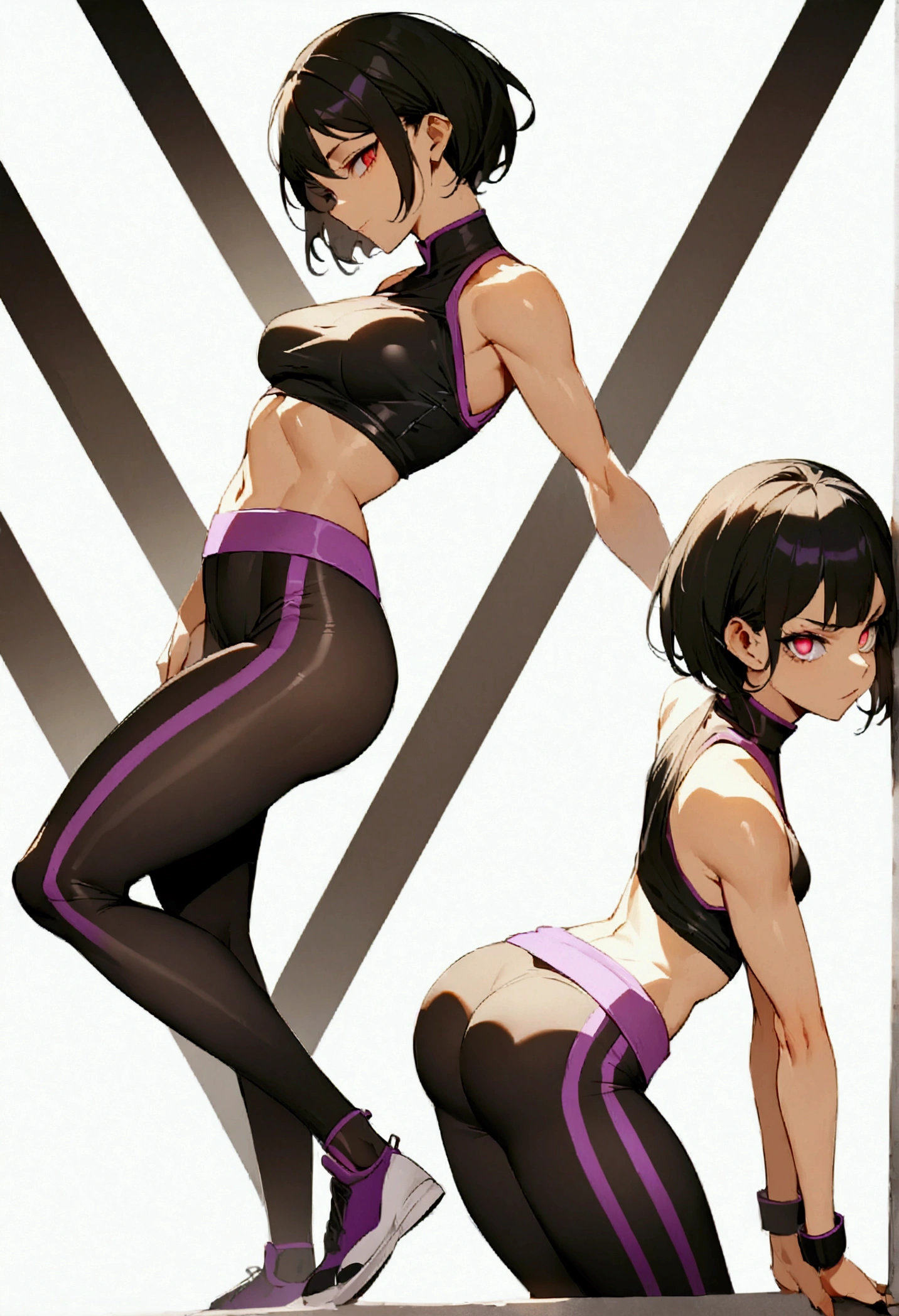 beautiful young fitness woman with , in a gym wearing May with black pantyhose, white and purple tight short gym jacket. standing alone,red eyes glowing,Evil smile,legging preto ,labiaa,dark eye shadow,shining eyes,mao nos joelhoscrouched,neckleace,jacket zipper half open,Tight black shirt,white sports tennis shoes,short hair with purple details,beautiful curves,whole body,hair with purple details,labiaa,detailed face and eyes,work of art,sexy look,crouched,pefil from sideways,from sideways,looking at the viewer,confrontation