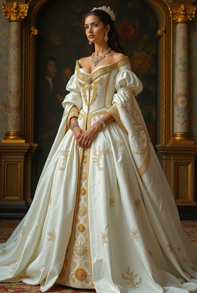 generates a full body image of a woman in the Renaissance, where white and gold are the priority
