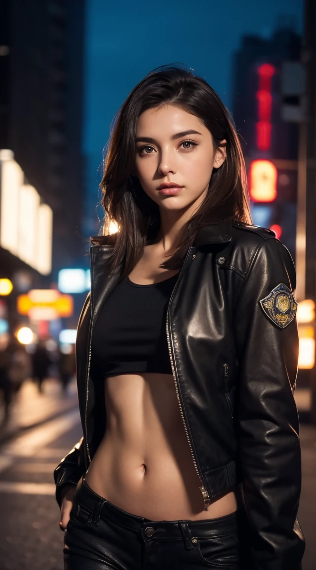 nude、Portrait of a beautiful female model natlp, Georgia Fowler, Beautiful Face, Short dark brown hair, Cyberpunk city at night. She is wearing a leather jacket, Black jeans, Dramatic lighting, (Police Badge:1.2)
