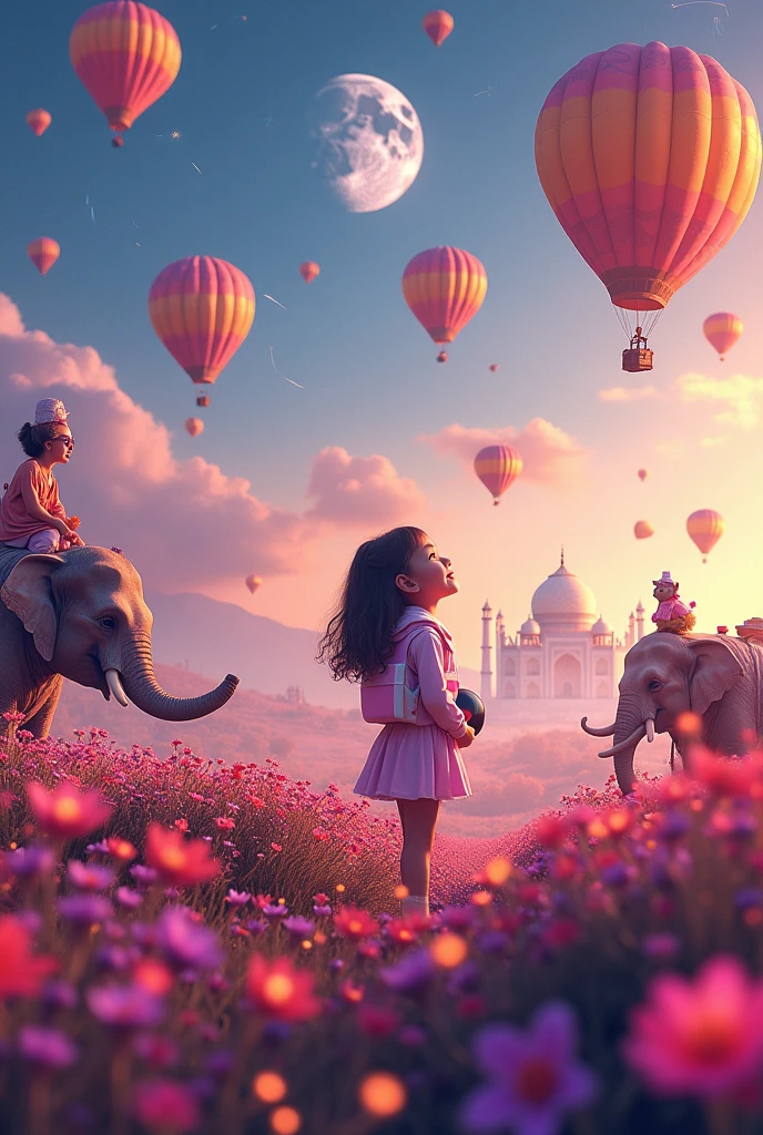 Vast landscape photography , (A view from Top, floating clouds above and the North Indian wide fields below), A girl standing in a flower field looking up, she is holding an Astronaut Mask, surrounded by colorful hot air balloons, Elephants dressed as clowns, Flying cats, Dogs, (full moon:1.2), (Taj Mahal:2.1),(Kutub Minar:1.2)( shooting star:0.9), (nebula:1.3), Distant Mountain, Tree break Production Art, (Warm light source:1.2), (fire Fly:1.2), lamp, Lots of purple and orange, Intricate details, Volumetric lighting, Realism Break (masterpiece:1.2), (highest quality), 4K, Super detailed, (Dynamic configuration:1.4), Very detailed, Colorful details,( Rainbow-colored:1.2), (Shining Lights, Atmospheric lighting), dream-like, Magic, (alone:1.2), Detailed girl face