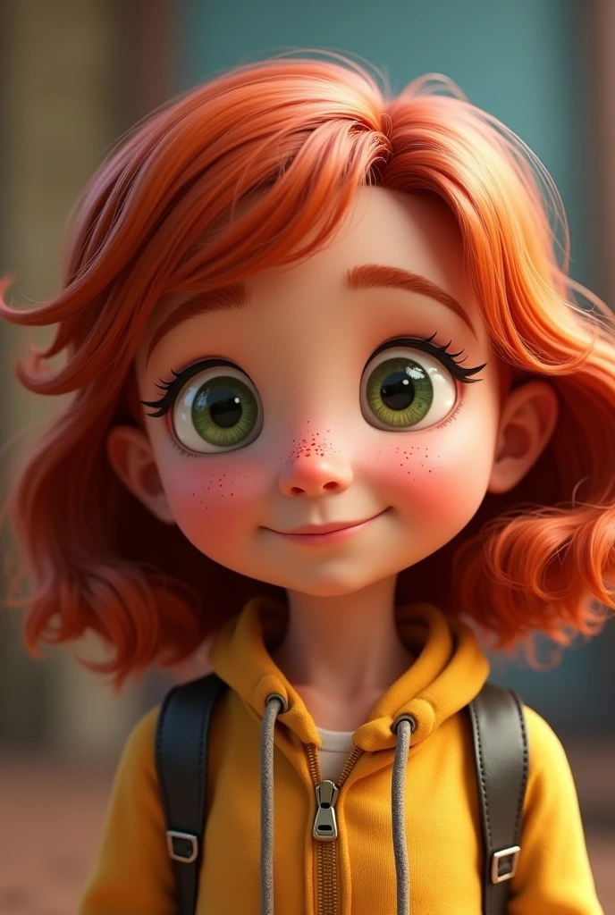 Lucy wilde from despicable me as a 5 year old girl
(Middle to long slightly curly red hair with small bangs. Green eyes and slight freckles. big spiky nose.)