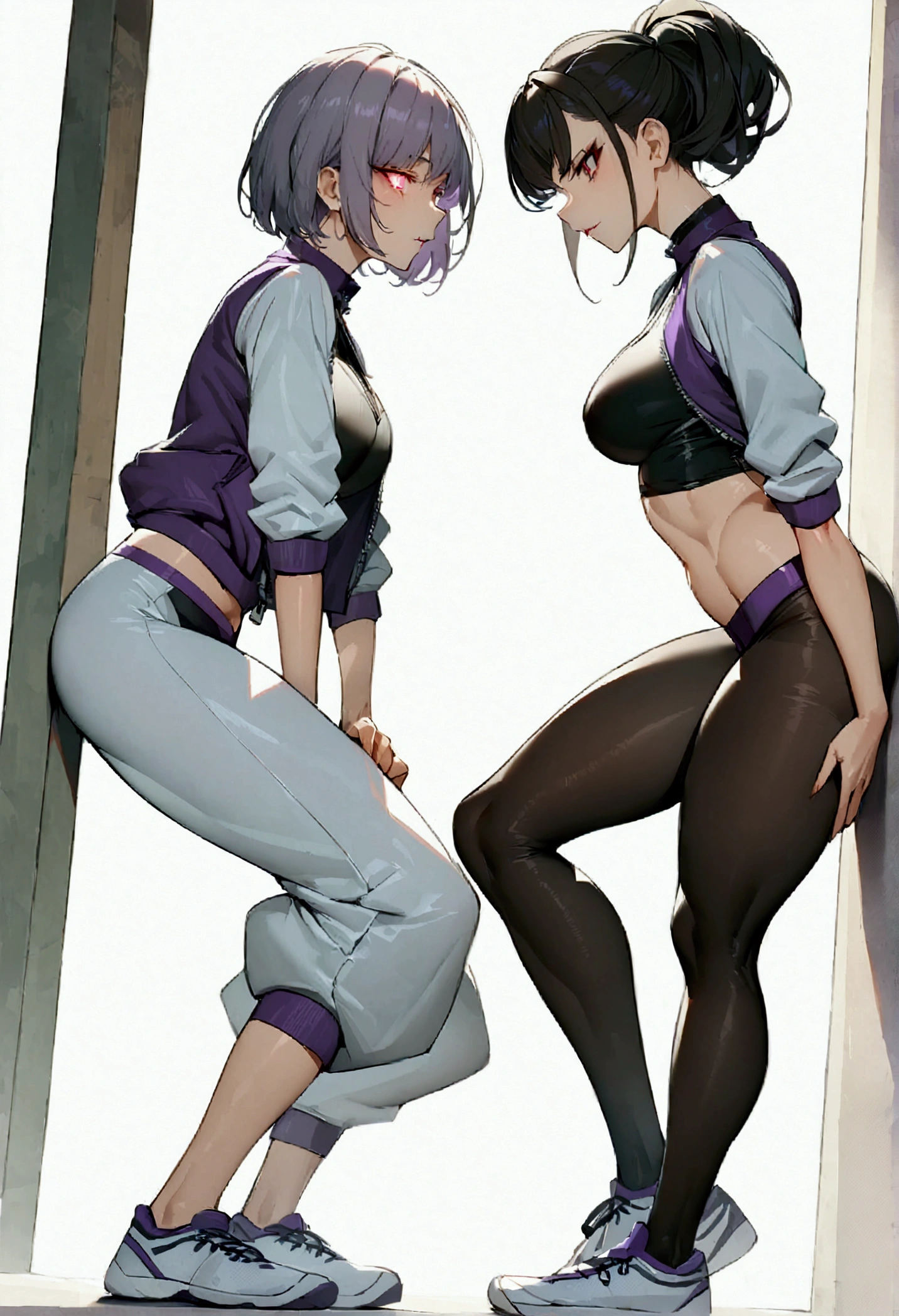 work of art,face detailed,beautiful young fitness woman with , in a gym wearing May with black pantyhose, white and purple tight short gym jacket. standing alone,red eyes glowing,Evil smile,legging preto ,labiaa,dark eye shadow,shining eyes,mao nos joelhoscrouched,neckleace,jacket zipper half open,Tight black shirt,white sports tennis shoes,short hair with purple details,beautiful curves,whole body,hair with purple details,labiaa,detailed face and eyes,work of art,sexy look,crouched,pefil from sideways,from sideways,confrontation