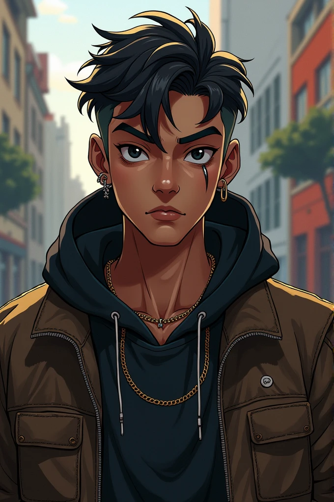naughty man, 19yearsold, 73kg, 1,81cm, endomorph body dark brown hair, brown skin, eyeballs "black", he has some piercings (ears and left eyebrow) and is always wearing streetwear style clothes.