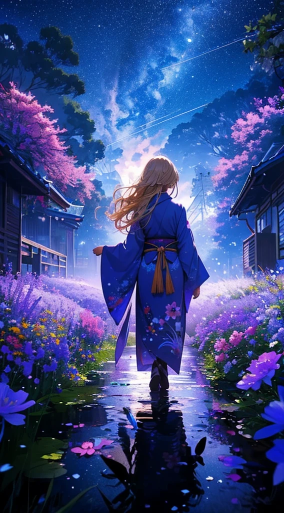 １people々々々,Blonde long-haired woman，Blue kimono， Dress Silhouette， Rear View，Space Sky, Flower Field，Colorful flowers，Fluttering petals，