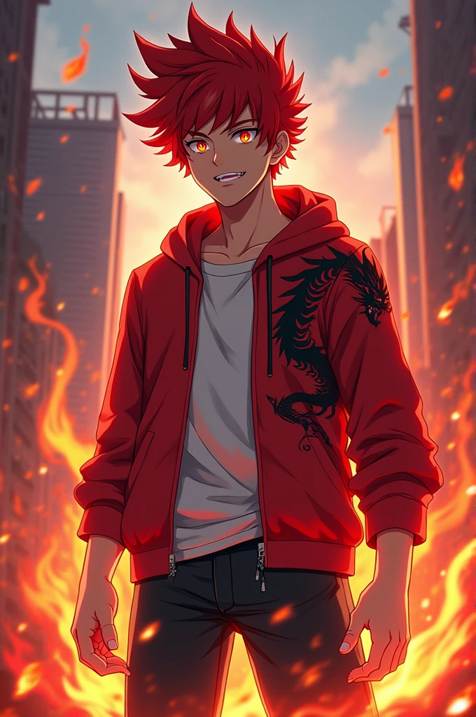 Kai 15 years old is tall,muscular young man red spiky hair and sharp crimson eyes and sharp canines teeth. His close is red hoodie and white shirt and black jeans and Crimsom Dragon shaped tattoo on his right shoulder. Kai Magic and Abilities Fire Dragon Slayer Magic and karate and swordplay anime 2D style.