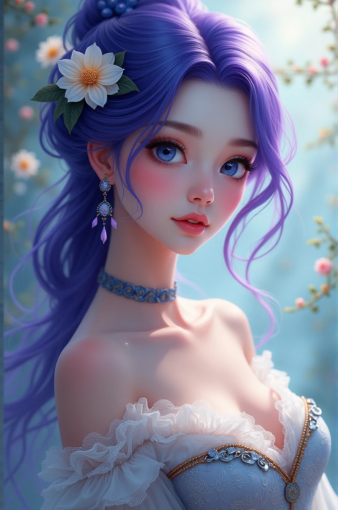 White beauty Purple hair, blue eyes, long hair, dressed up, flower on head