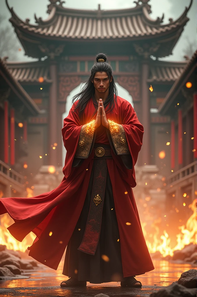 epic scene,long view of photography of a handsome lean male lama, black hair, lama costume from tree of savior, surround by speck of fire, press the hand together at the chest in sign of respect, gold brass knuckles with flame, behind him was an old asian temple, eyes on camera --ar 9:16 --style raw --stylize 777