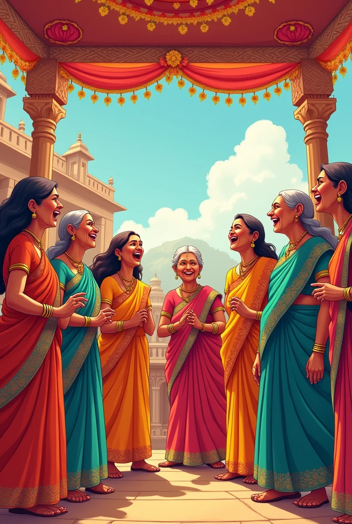 Old ladies singing cultural song
In Indian marriage
For mandap muhrat
Cartoon