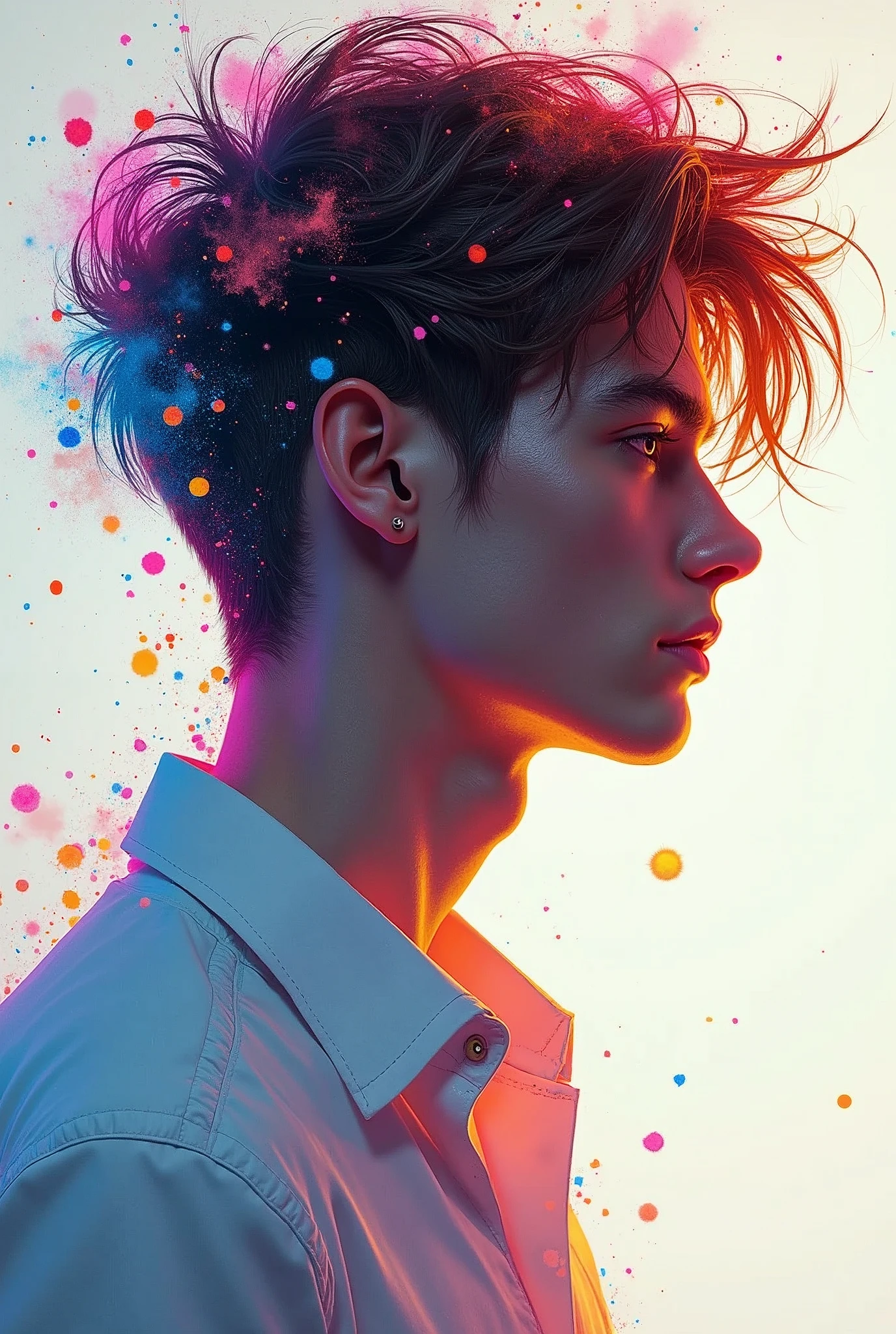 Carne Griffiths trending on Artstation Unreal Engine 5,
Fantastical, young male with white shirt ,elegant, multicolored, transculent, complex,realistic, magical, vibrant, glass
