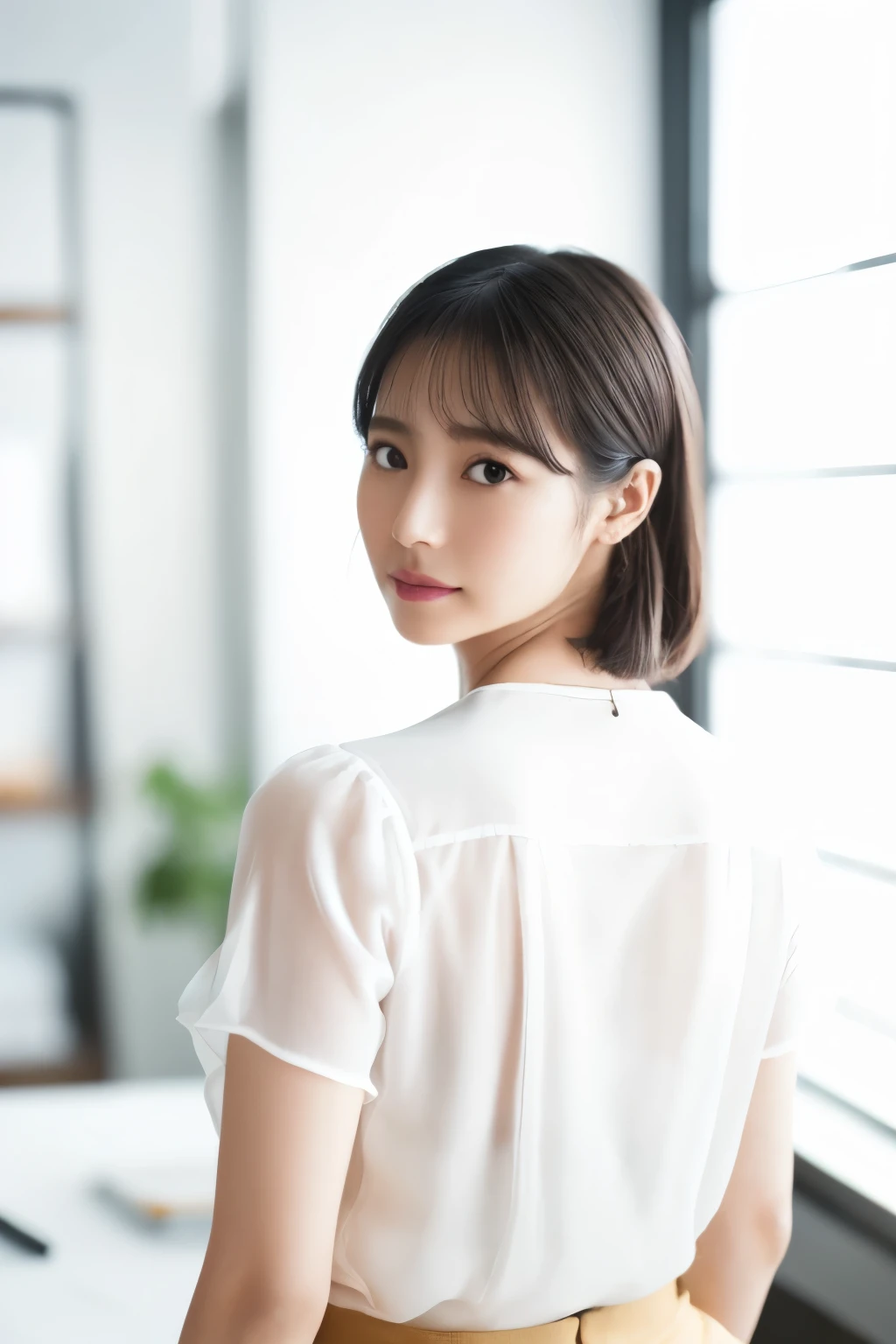 ((Highest quality、In 8K、masterpiece:1.3))、Sharp focus:1.2、Beautiful woman perfect body:1.4、Slim Abs:1.2、((Short Hair:1.2))、(trendy fashion in tokyo、shirt:1.1)、Background white、Wet body:1.5、Three-dimensional texture、Detailed eyes、（Brown Hair、Black Hair:1.2)、Very shiny hair、Backward view、Hair quality improvement、Handsome short、Short-haired blonde。