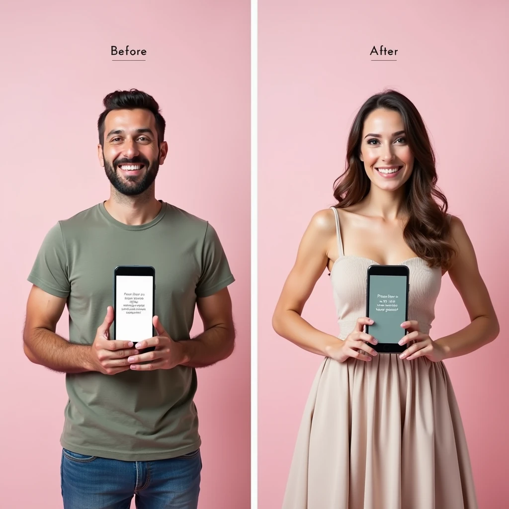 a before and after image. In the before frame, a man is holding a cell phone that says “press here to change your gender”. In the after frame, he has transformed into a girly feminine woman doppelgänger of himself wearing a dress holding the same phone with the same plain background.