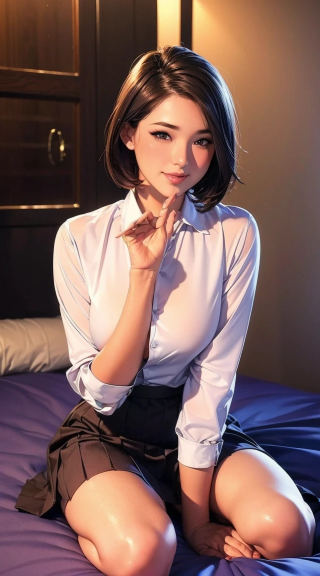 nude、(8k, RAW Photos, Highest quality, Master:1.2), (Realistic, photo-Realistic:1.37), Very detailed, 1 girl, cute, alone, Beautifully detailed skies, Detailed face, night, Sitting, date, (blush), (smile: 1.1), (shut up), Big Breasts, Beautiful and delicate eyes, The button is off, (Collared shirt: 1.1), bow tie, Pleated skirt, (short hair: 1.2), Flowing Hair, Long eyelashes, eye shadow, Small face, Big eyes, Full Body Shot, Expose your shoulders, indoor, bed
