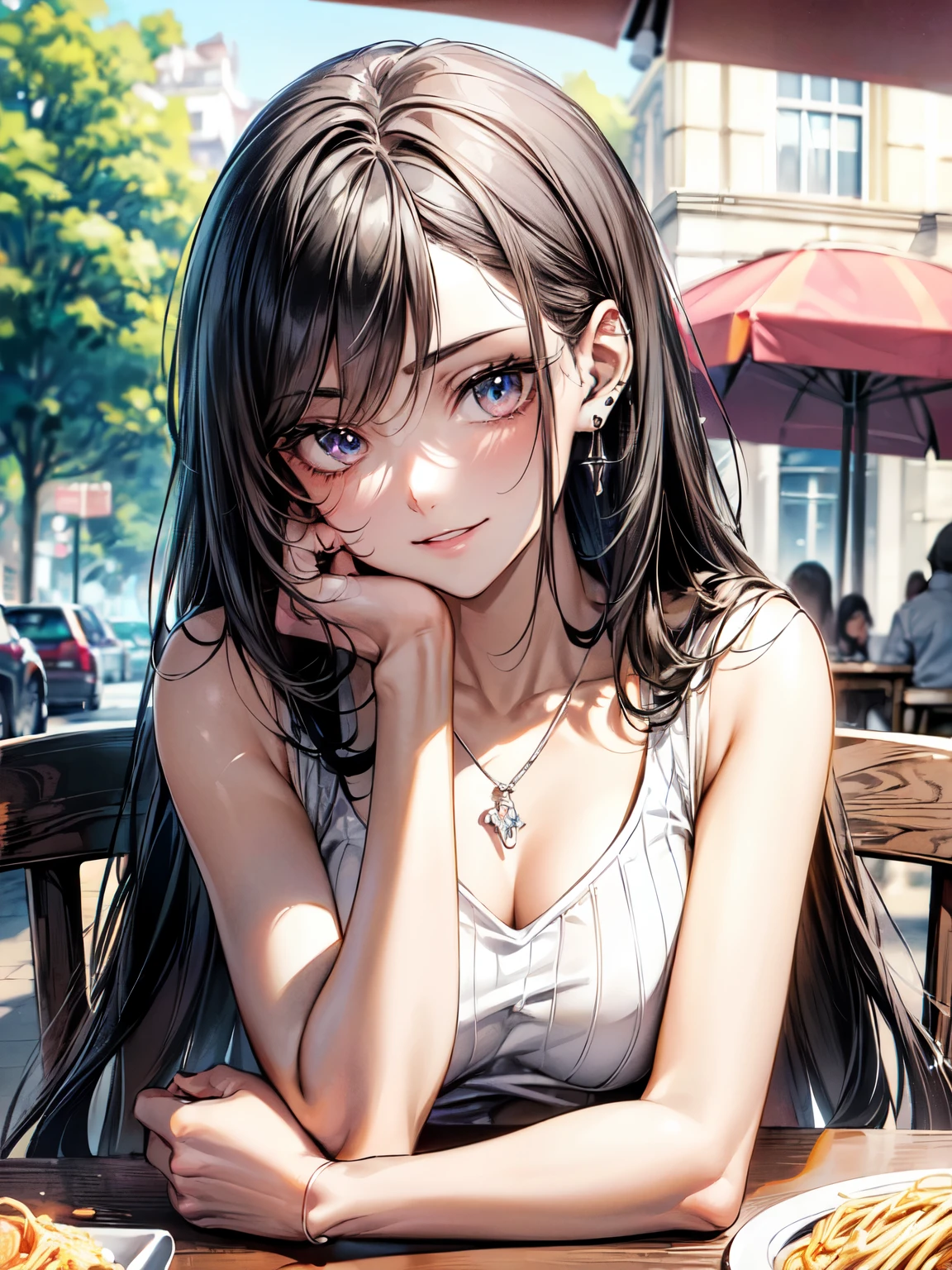 (RAW photo:1), (best quality:1.3), (masterpiece:1.3), (ultra-detailed:1.3), (beautiful:1), (beautiful detailed eyes:1.1), (extreme detailed illustration:1.3), (professional lighting, face lighting:1.2), (perfect anatomy, left to right balance, Perfect Hands,Perfect Fingers,Perfect Limbs,Perfect Body,Correct Human Body, beautiful eyes:1.3), soft light, beautiful body, (20 years old:1.2,) (black hair:1.2), long straight black hair:1.3, (gray eyes:1.2), (small breast), (small breast), beautiful body, model body type, teacher, serious and vigilant, extreme detailed illustration, (portrait of a person, DSLR style, shallow depth of field, background blur, bokeh effect, f/1.8:1.1), 1girl, (smile:1.2), (cute:1.2), happy, twenties, looking at viewer, wearing trendy outfit, (sleeveless white knit top, high kneck knit top, cropped knit top, Silver chain necklace, piercings, silver bracelet, breasts rest, person enjoying pasta lunch, outdoor cafe setting, vibrant city atmosphere, photorealistic, detailed focus on pasta dish, wide angle