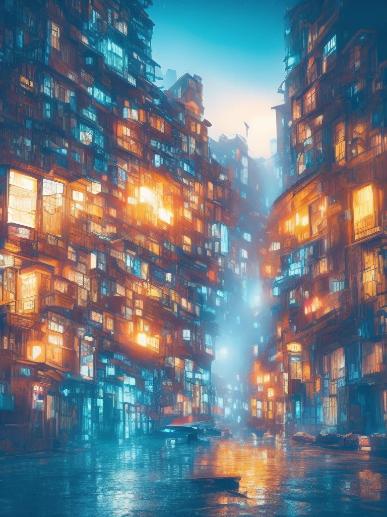 Cyberpunk city painted in watercolors, Low - Angle, Detailed neon lights, Futuristic Architecture, Rain-soaked street, Atmospheric lighting, Glowing Windows, Hovering flying car, Calm colors, Structure of the film, Dramatic Shadows, Intricate details, Real and realistic, Highest quality, 8k, Very detailed, Realistic