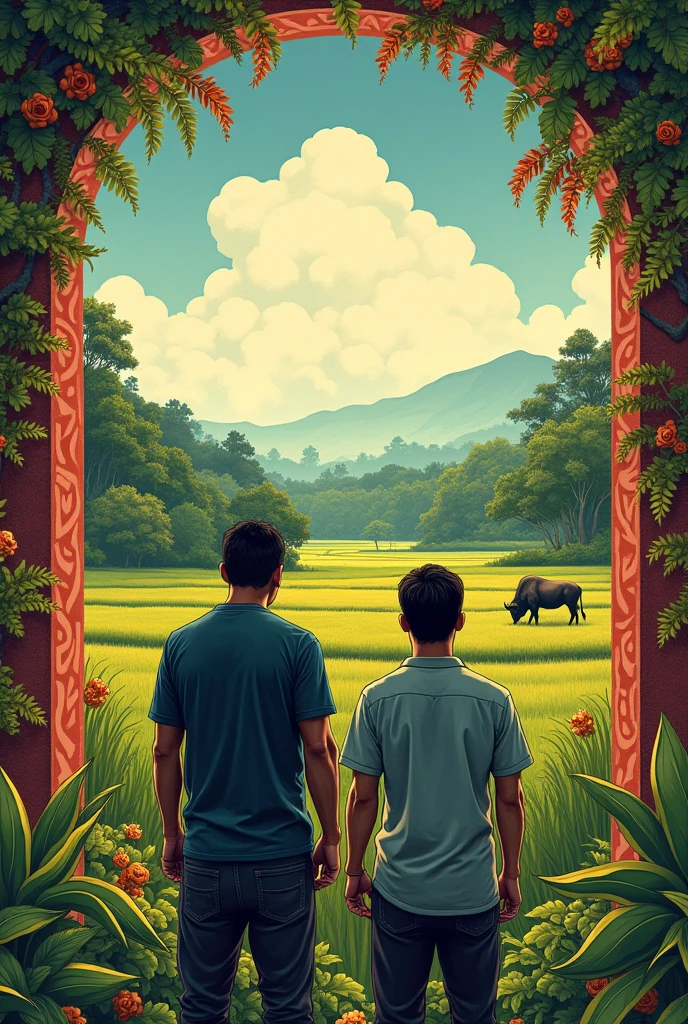 Two men turn their backs + A view of a mixed vegetable garden with a rice field and a buffalo. The picture frame is in a unique Isan Thai pattern. The caption above says &quot;Duang Jai Tid Luk, the daughter-in-law&#39;s partner&quot;.