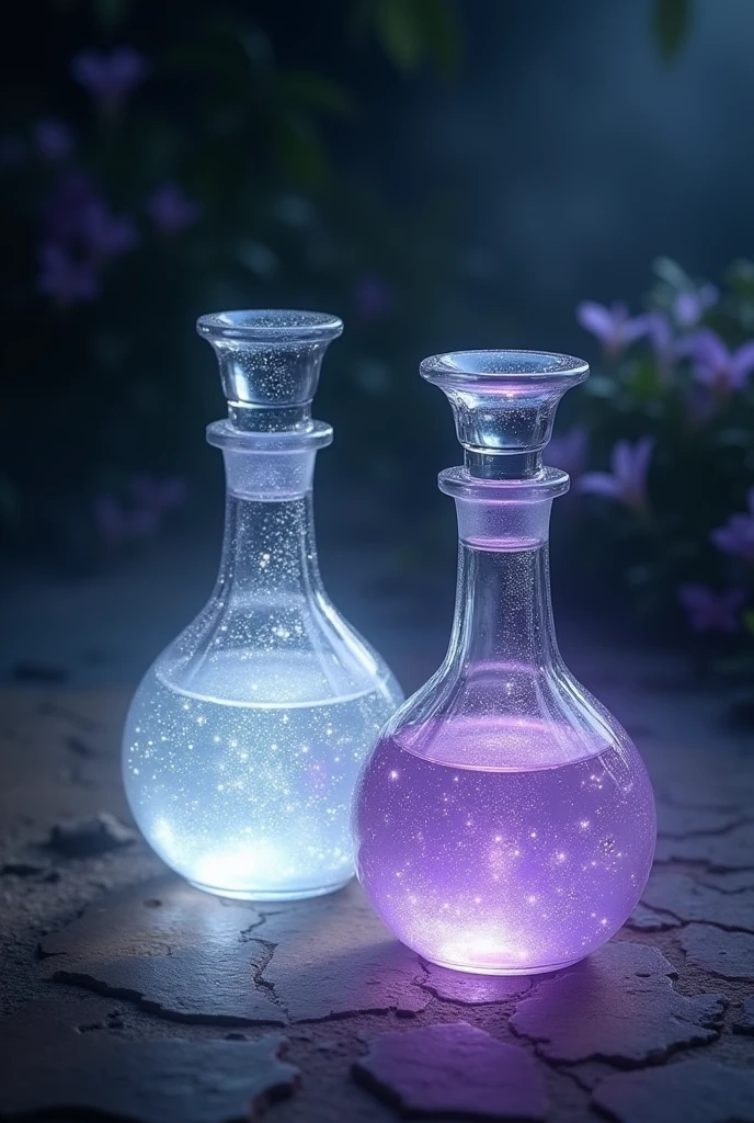 A Potion with a Pure white with a faint, protective shimmer that seems to repel darkness. & Another potion with a Soft, pastel purple, with a calming, translucent hue.
